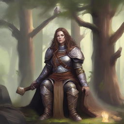 A dwarven female kineticist adorned in her heavy armor is surrounded by the soft humming energy of earth and wood elements as she descends into a deep, pacifying meditation.