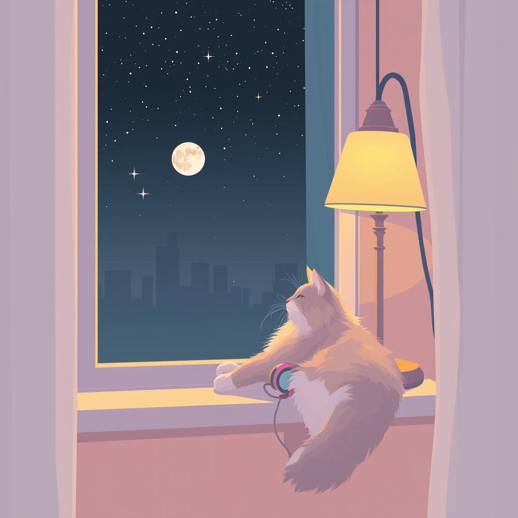 A serene lo-fi aesthetic scene featuring a relaxed cat lounging on a windowsill during a tranquil night