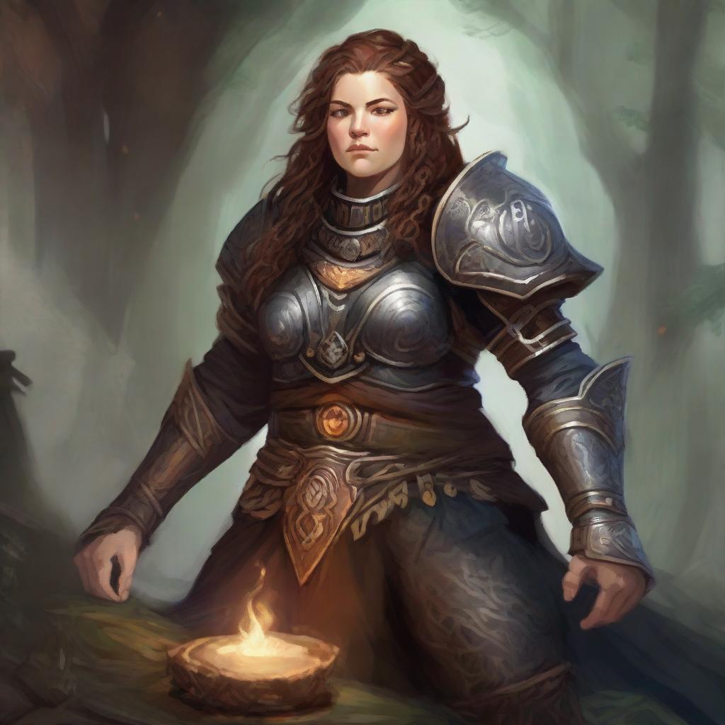 A dwarven female kineticist adorned in her heavy armor is surrounded by the soft humming energy of earth and wood elements as she descends into a deep, pacifying meditation.