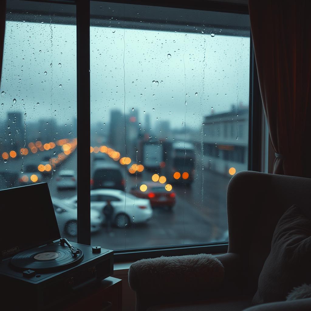 A cozy, lo-fi atmosphere featuring a rainy window with droplets on glass, soft glowing lights from a nearby room, and a warm color palette