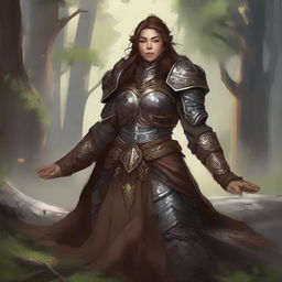 A dwarven female kineticist adorned in her heavy armor is surrounded by the soft humming energy of earth and wood elements as she descends into a deep, pacifying meditation.