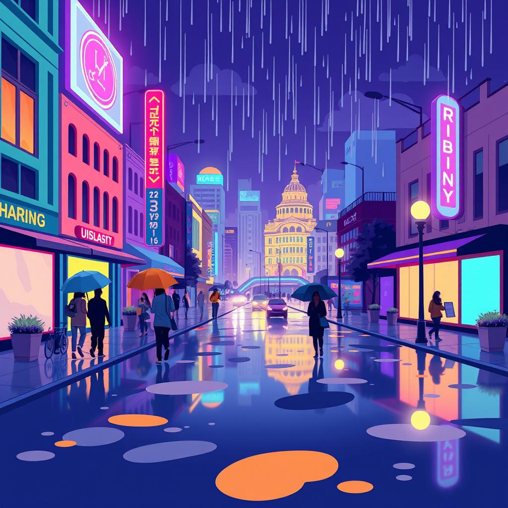 A vibrant lo-fi vector graphic depicting a rainy cityscape at night, featuring stylized architecture, neon lights reflecting off wet surfaces, and people with umbrellas walking along the streets