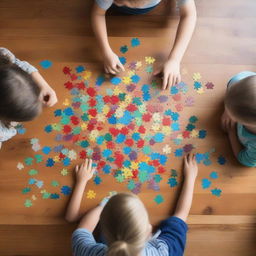 Overhead view of a wooden table scattered with jigsaw puzzles, with four children engaged in solving them gathered around the table.
