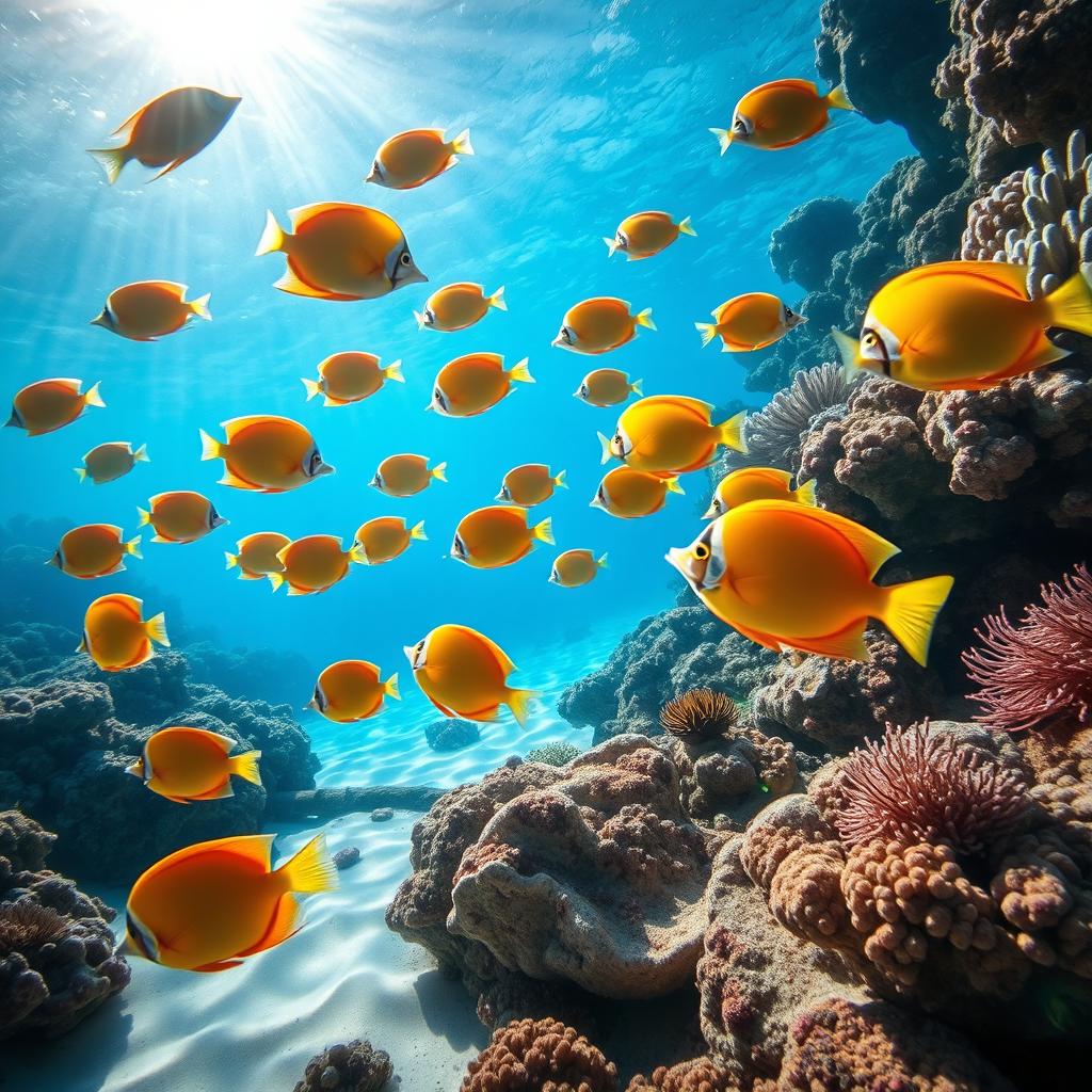 A vibrant underwater scene featuring a school of colorful tropical fish swimming gracefully amongst coral reefs