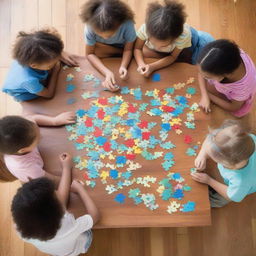 Overhead view of a wooden table scattered with jigsaw puzzles, with four children engaged in solving them gathered around the table.