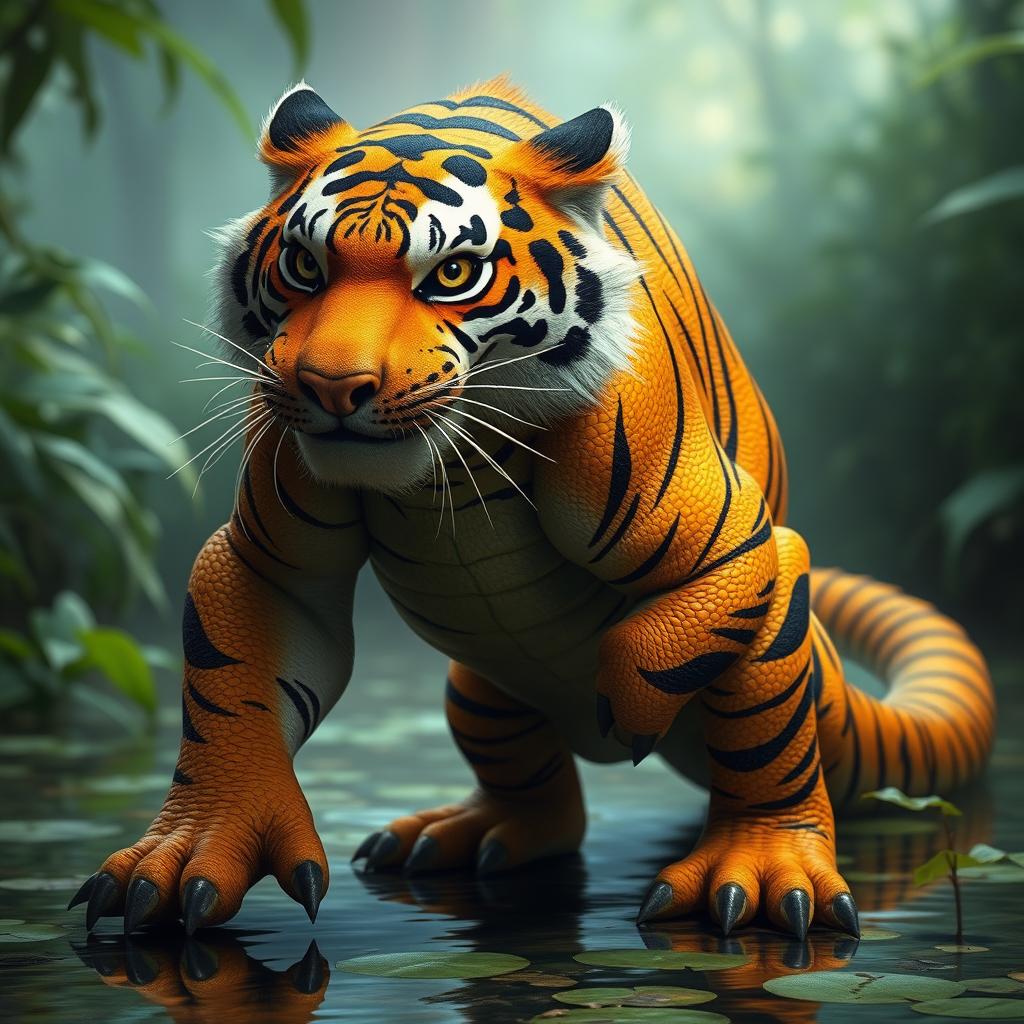 A fantastical creature that is a blend of a Louisiana State University (LSU) tiger and an alligator, featuring the striking orange and black stripes of the tiger combined with the textured green scales of the alligator