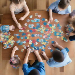 Overhead view of a wooden table scattered with jigsaw puzzles, with four children engaged in solving them gathered around the table.