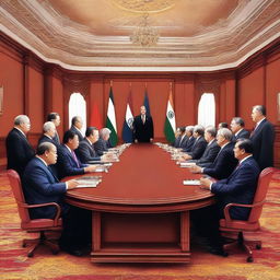 An exceptional digital art piece portraying an international political summit