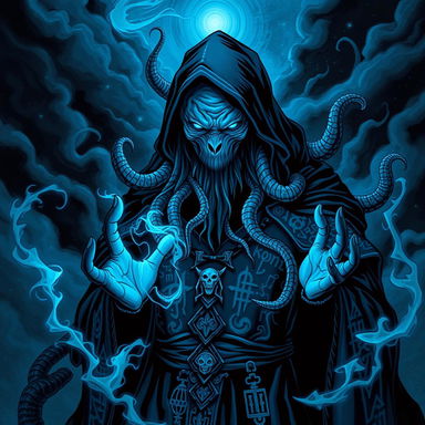 A blue grunge-style warlock inspired by Cthulhu, featuring a dark and eerie atmosphere