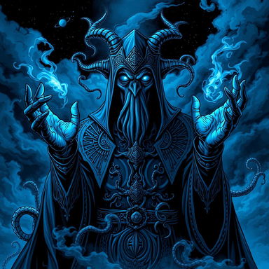 A blue grunge-style warlock inspired by Cthulhu, featuring a dark and eerie atmosphere