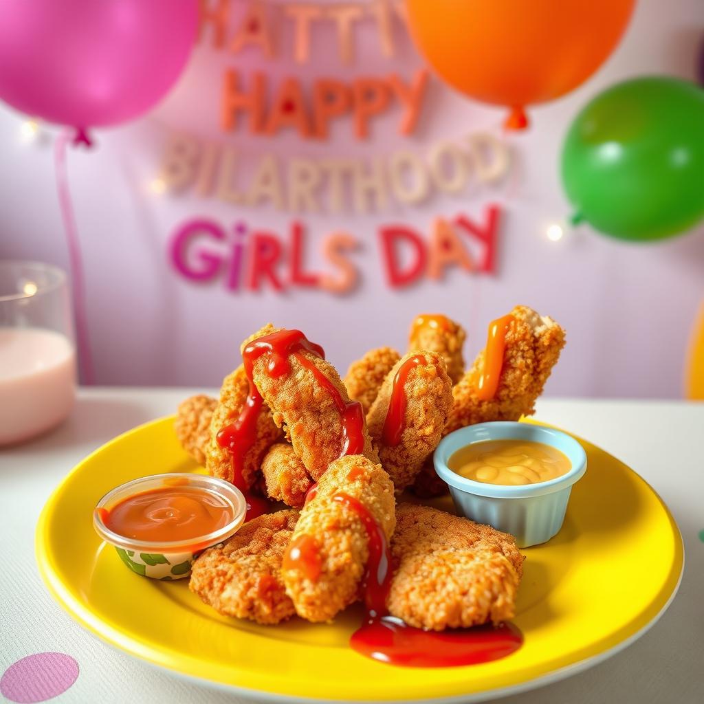 A festive celebration for Girl's Day featuring delicious chicken strips drizzled with a variety of vibrant sauces, beautifully presented on a colorful plate