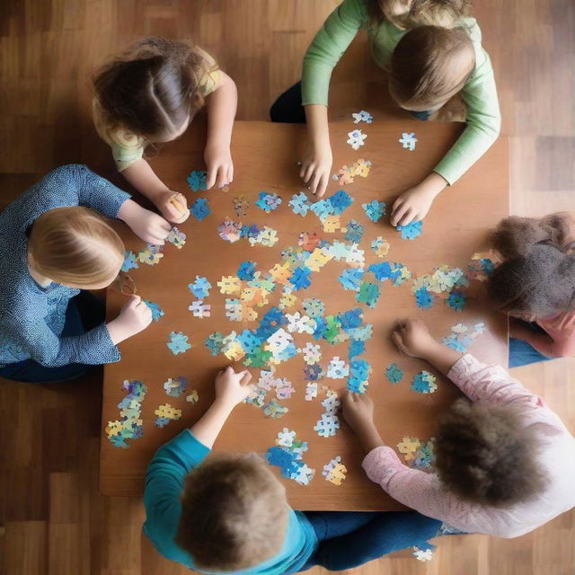 Overhead view of a wooden table scattered with jigsaw puzzles, with four children engaged in solving them gathered around the table.