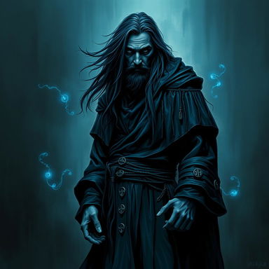 A blue grunge-style warlock standing in a mysterious, shadowy environment