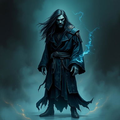 A blue grunge-style warlock standing in a mysterious, shadowy environment