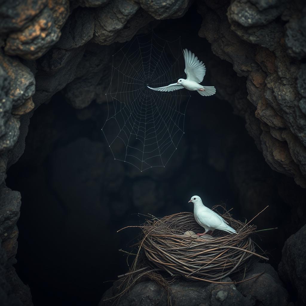 A serene and mystical cave interior surrounded by rocky formations, showcasing a natural and earthy appearance