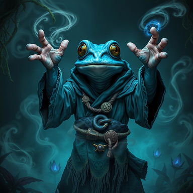 A blue froglike grunge warlock in a fantastical setting