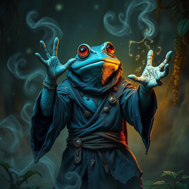 A blue froglike grunge warlock in a fantastical setting