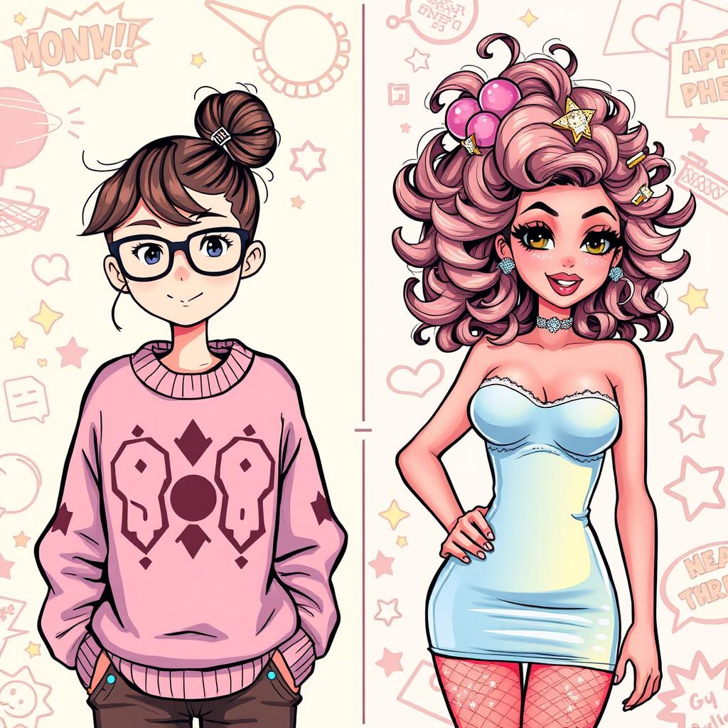 A whimsical illustration capturing the playful bimbofication of a nerdy girl