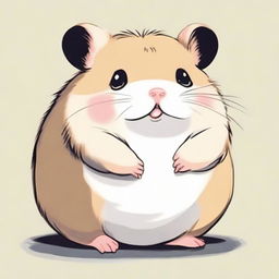 Next to the elegant black cat, create an image of a chubby, adorable hamster, showing a gentle interaction between the two.