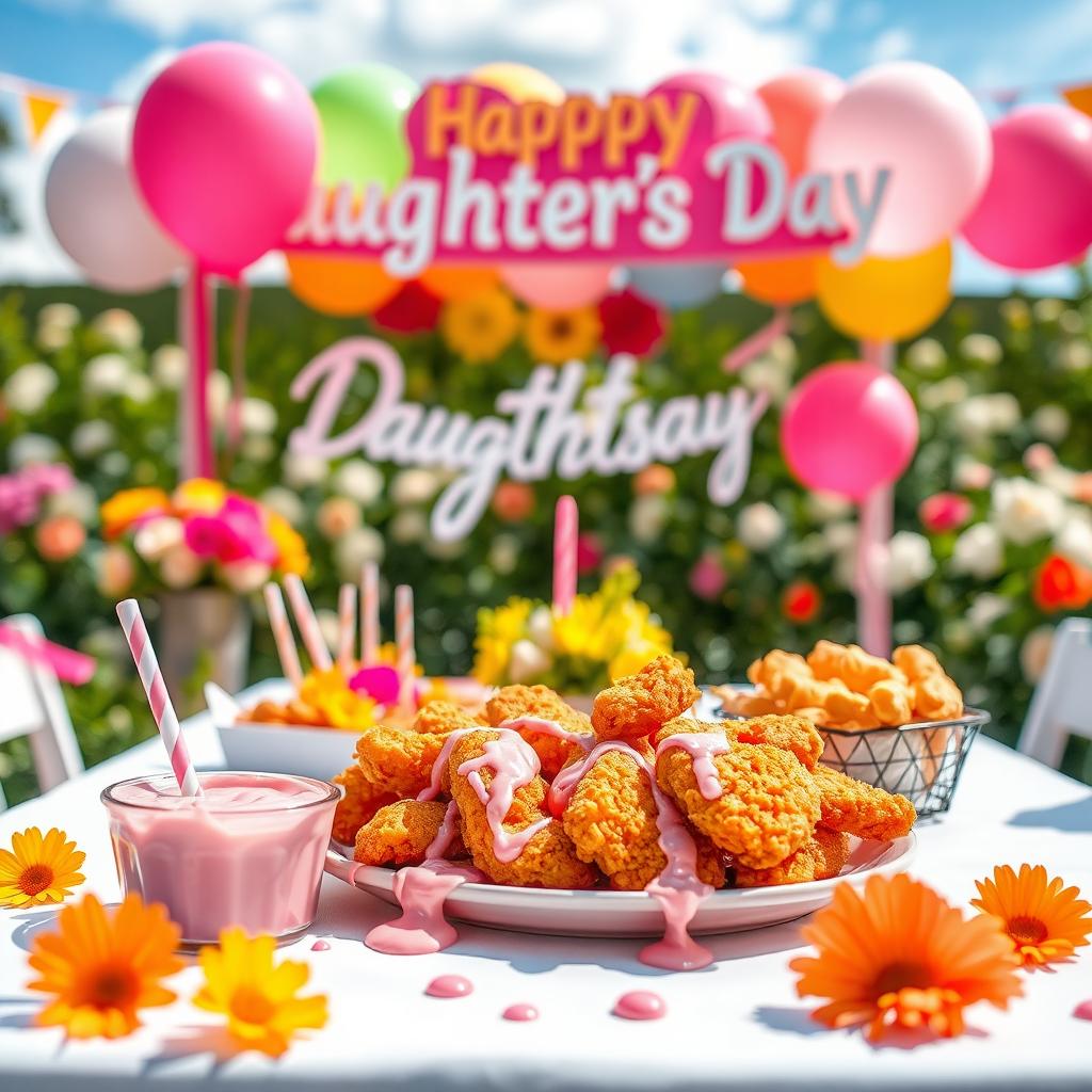 A vibrant birthday celebration scene for 'Daughters Day', featuring a beautifully decorated table with a pink sauce drizzled over delicious golden crispy chicken strips