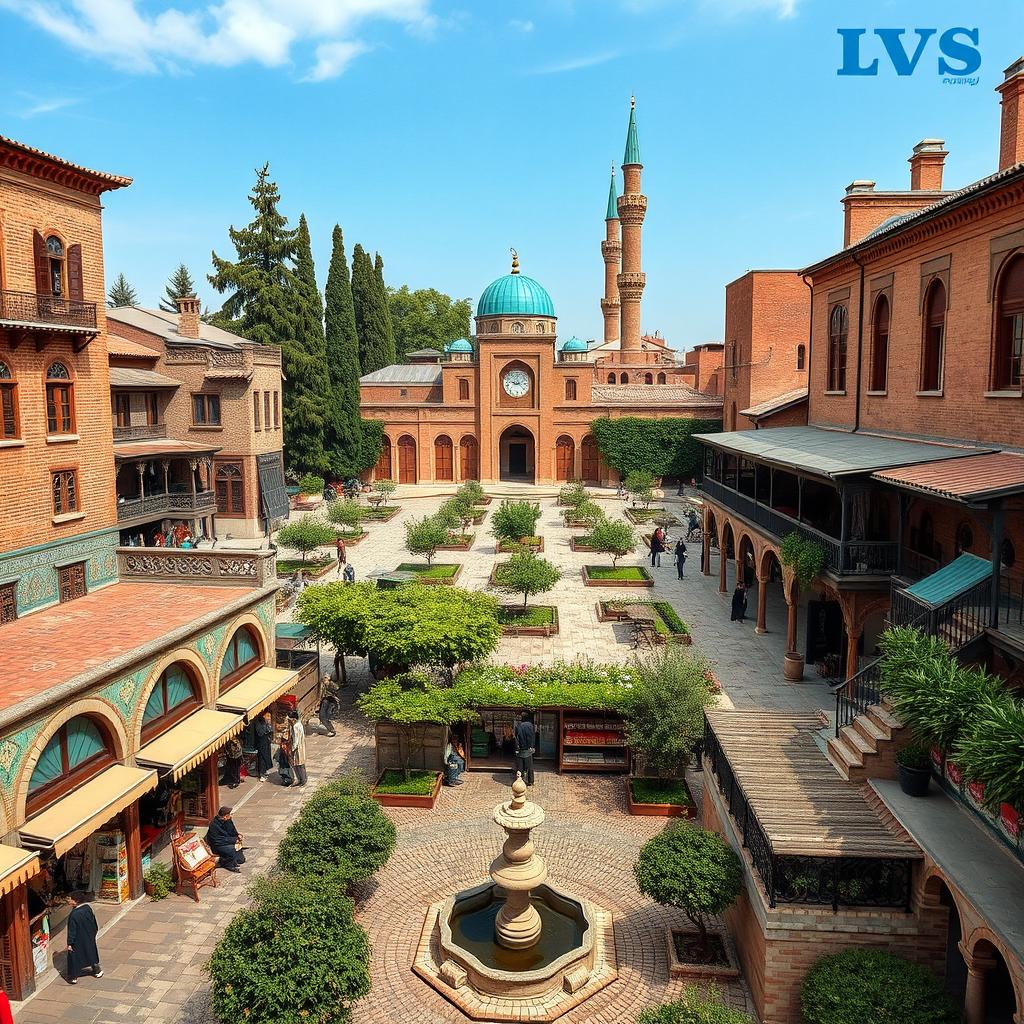 A vibrant urban square featuring traditional Iranian-Islamic architecture, exquisitely combining public, religious, residential, and commercial spaces