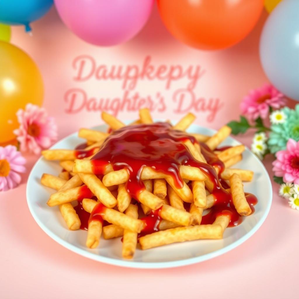 A festive celebration of 'Daughter's Day' with a beautifully arranged plate featuring French fries elegantly drizzled with a rich and luscious French sauce
