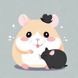 Next to the elegant black cat, create an image of a chubby, adorable hamster, showing a gentle interaction between the two.