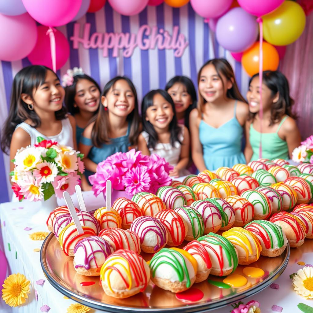 A vibrant and festive celebration for Girl's Day featuring a beautifully arranged table with a variety of delicious striped pastries drizzled with colorful sauces