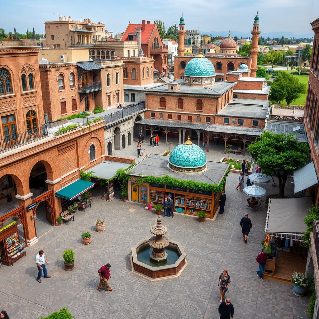 A vibrant urban square characterized by authentic Iranian-Islamic architecture, showcasing a harmonious blend of public, religious, residential, and commercial spaces