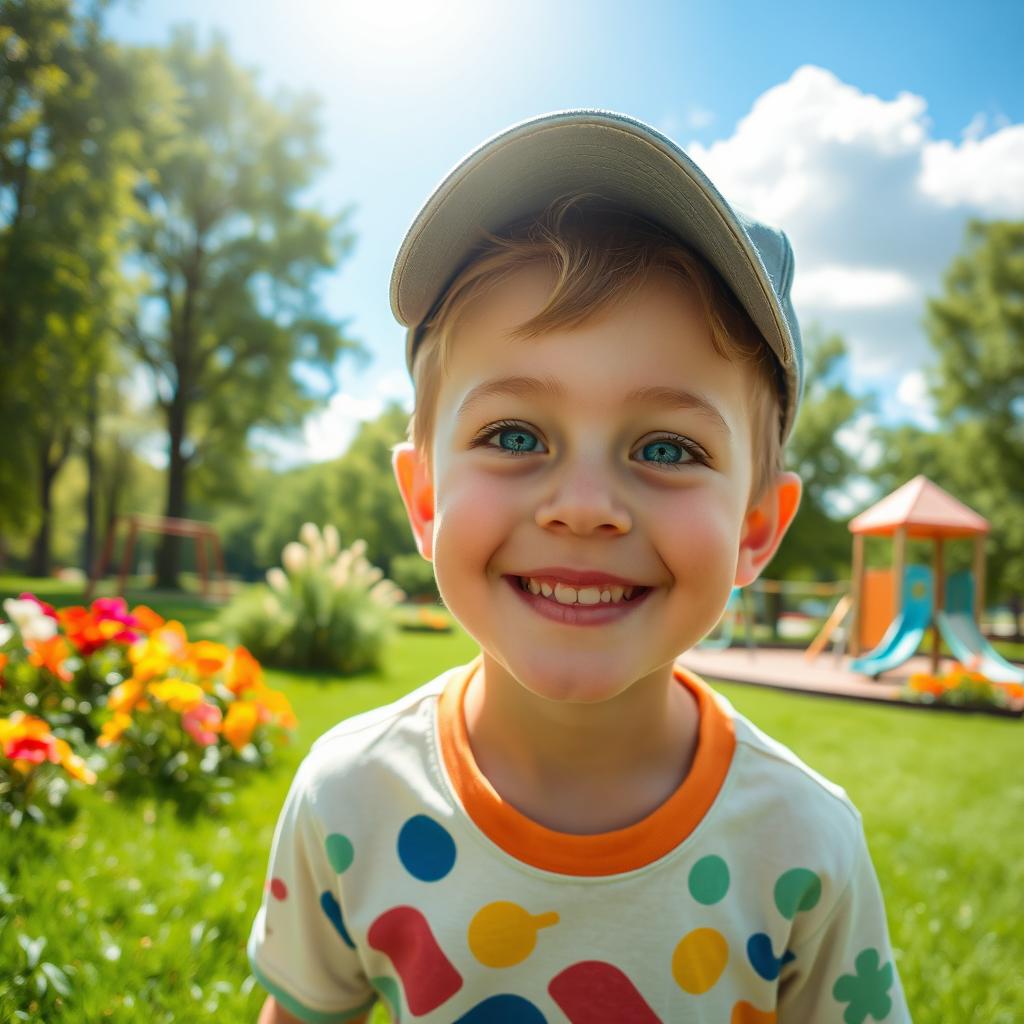 A charming young boy playing in a lush green park, surrounded by colorful flowers and tall trees