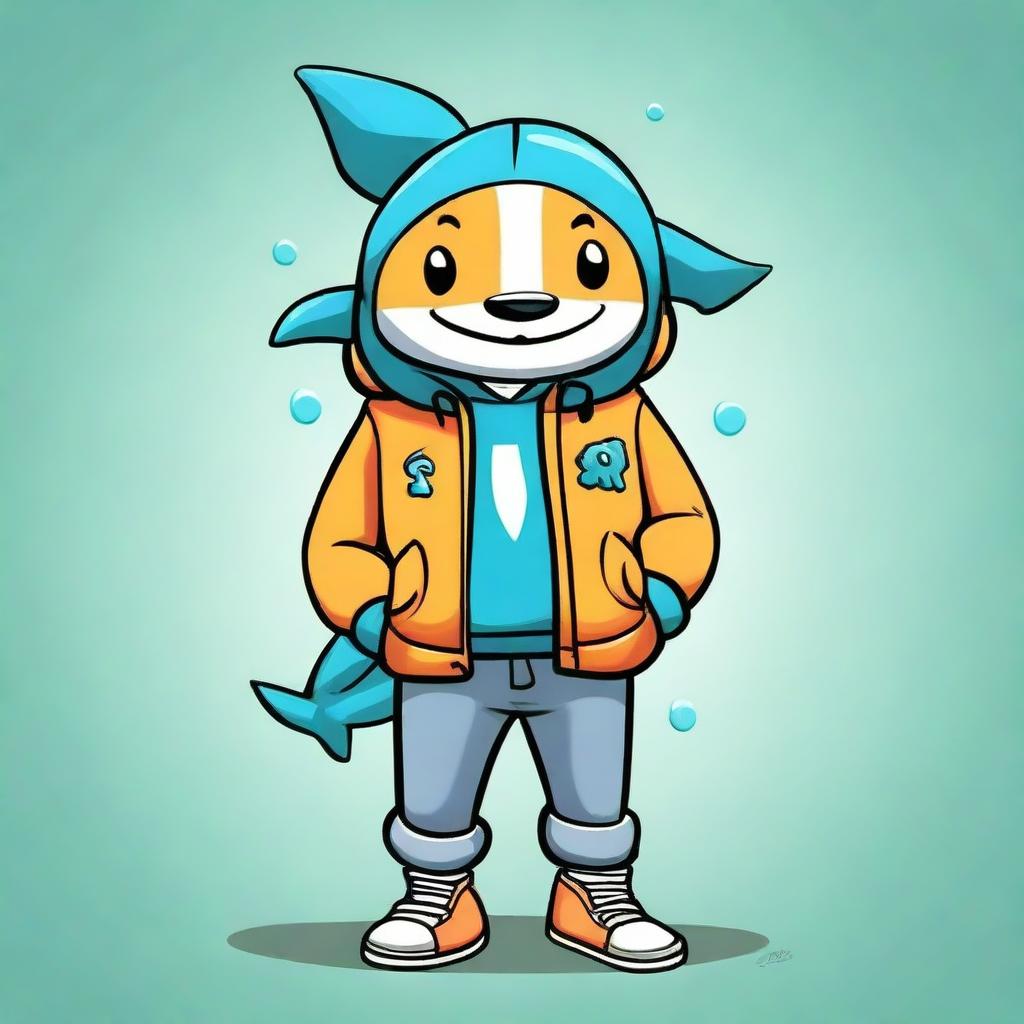 Create the Zodiac symbol, Pisces, wearing a stylish, cartoon-styled shark jacket. Pisces should appear cool yet friendly.