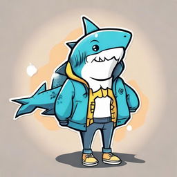 Create the Zodiac symbol, Pisces, wearing a stylish, cartoon-styled shark jacket. Pisces should appear cool yet friendly.