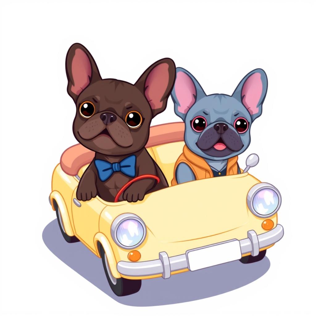 A kawaii illustration of two chibi-style French bulldogs, with one brindle dog wearing a cute bowtie and the other a blue fawn dog dressed in a stylish vest