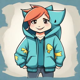 Create the Zodiac symbol, Pisces, wearing a stylish, cartoon-styled shark jacket. Pisces should appear cool yet friendly.