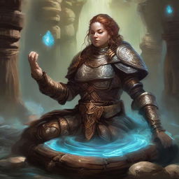 Submerged in peaceful meditation, a dwarven female kineticist, resplendent in her heavy armor, is encircled by a mesmerizing display of earthen and wooden energy pulsating and floating around her.