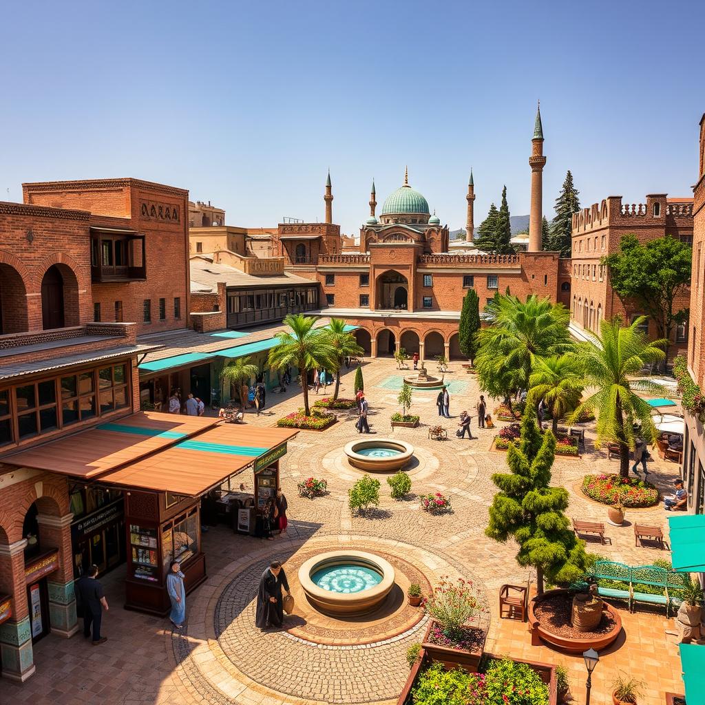 A vibrant urban square featuring traditional Iranian-Islamic architecture, harmoniously integrating public, religious, residential, and commercial spaces