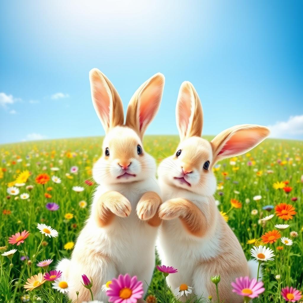A whimsical and playful scene featuring two cute bunnies, their long ears creatively positioned to form the shape of the number 4