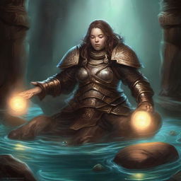 Submerged in peaceful meditation, a dwarven female kineticist, resplendent in her heavy armor, is encircled by a mesmerizing display of earthen and wooden energy pulsating and floating around her.