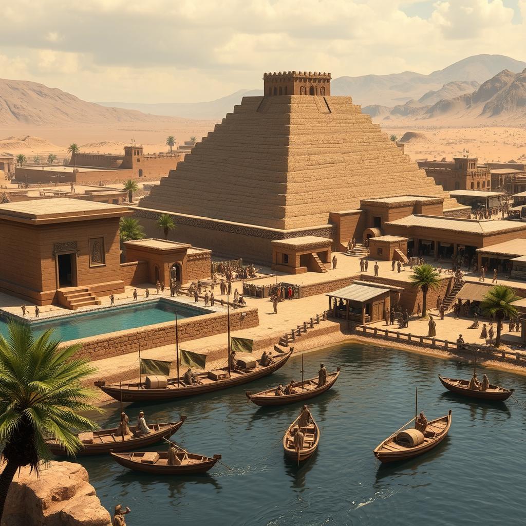 A photorealistic archaeological reconstruction of the ancient fortified Sumerian city of Eridu around 5000–3000 BCE, in the style of Assassin’s Creed