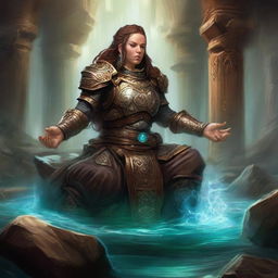 Submerged in peaceful meditation, a dwarven female kineticist, resplendent in her heavy armor, is encircled by a mesmerizing display of earthen and wooden energy pulsating and floating around her.