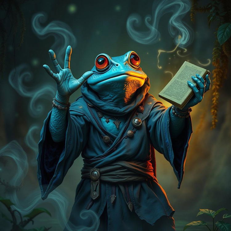 A captivating scene featuring a blue froglike warlock, inspired by Cthulhu, standing in a mystical, shadowy forest
