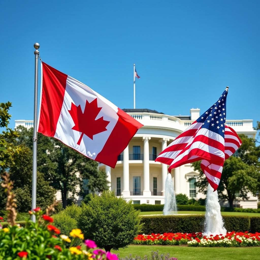 A stunning scene featuring the Canadian flag and the American flag displayed side by side in front of the iconic White House in Washington, D