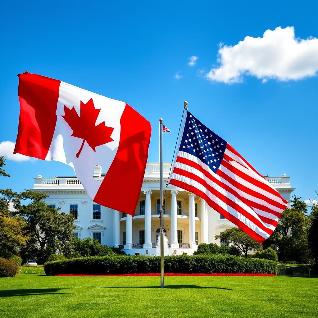 A vibrant scene showcasing the Canadian flag and the American flag waving proudly side by side in front of the iconic White House