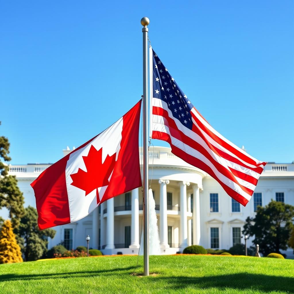 A beautifully composed scene featuring the Canadian flag and the American flag displayed side by side, with the iconic White House in the background