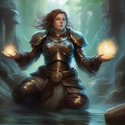 Submerged in peaceful meditation, a dwarven female kineticist, resplendent in her heavy armor, is encircled by a mesmerizing display of earthen and wooden energy pulsating and floating around her.