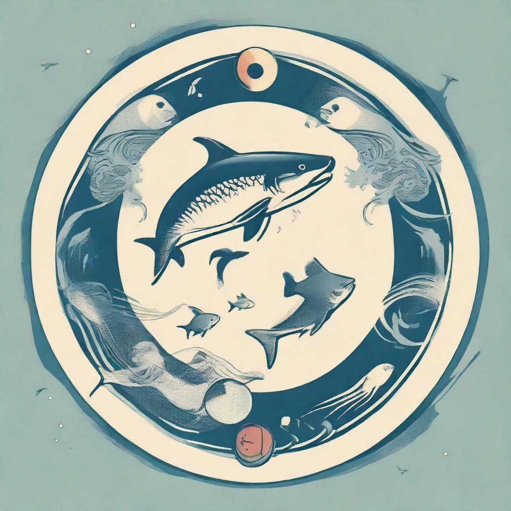 Modify the image depicting Pisces symbol, replacing the dog with two fish swimming in a circular motion, maintaining the shark jacket for a mix of surreal and playful.