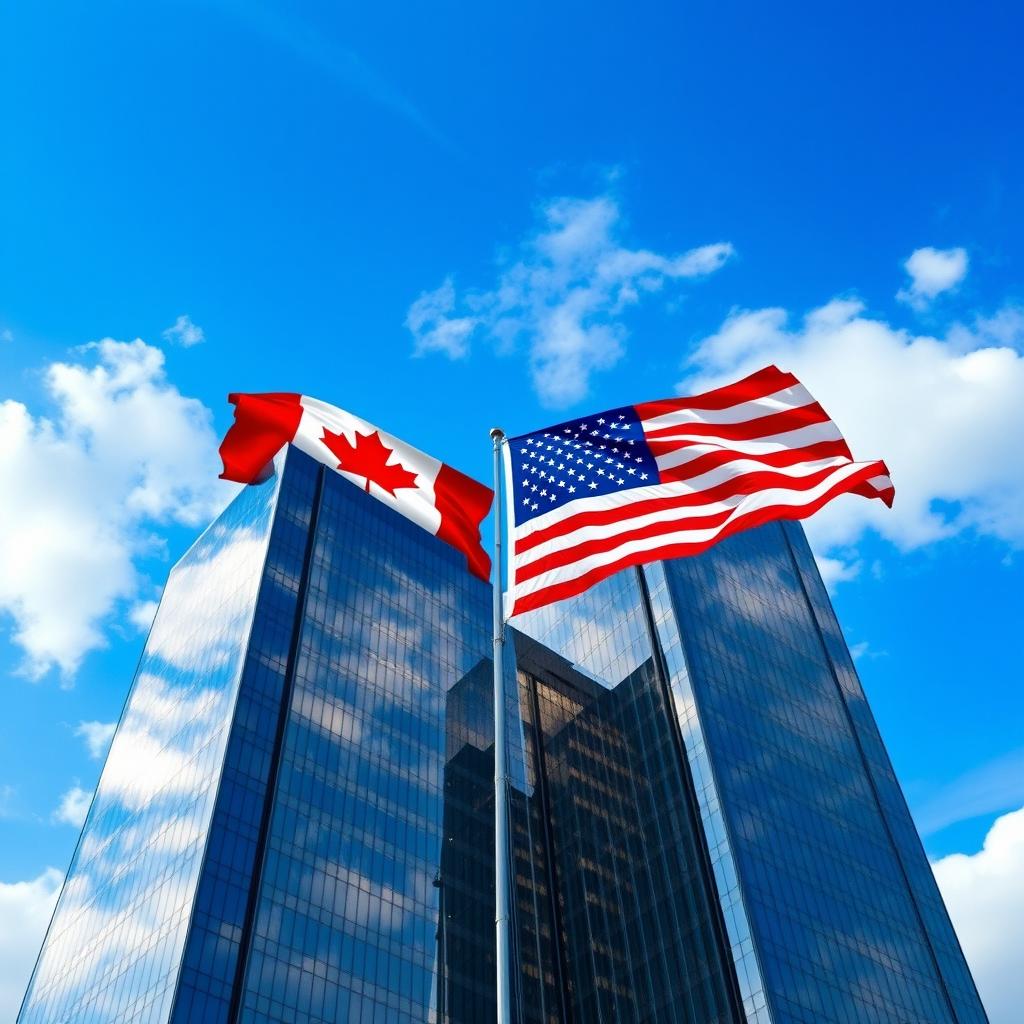 A visually stunning composite image featuring the flags of Canada and the United States gracefully blended together, prominently displayed on top of modern skyscrapers