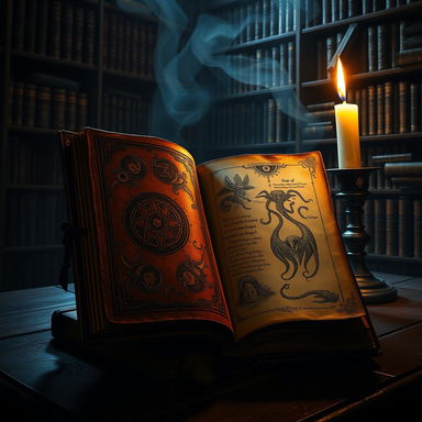 An ancient, leather-bound grimoire with intricate engravings of cosmic symbols and tentacled creatures adorning the cover