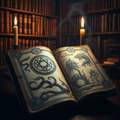 An ancient, leather-bound grimoire with intricate engravings of cosmic symbols and tentacled creatures adorning the cover