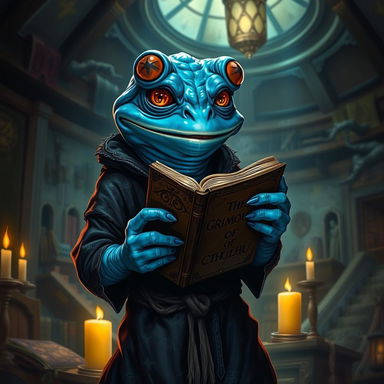 A froglike humanoid creature with vibrant blue skin, resembling a grung, holds an ancient, leather-bound grimoire titled 'The Grimoire of Cthulhu